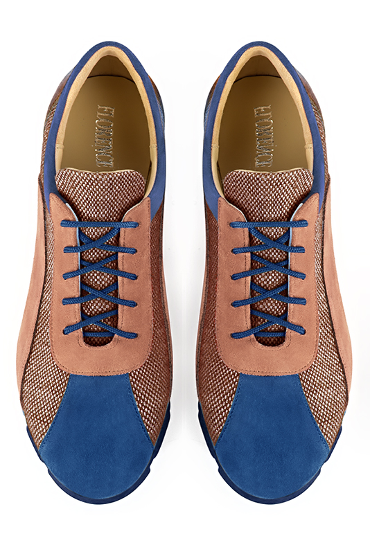 Electric blue and terracotta orange women's two-tone elegant sneakers. Round toe. Flat rubber soles. Top view - Florence KOOIJMAN